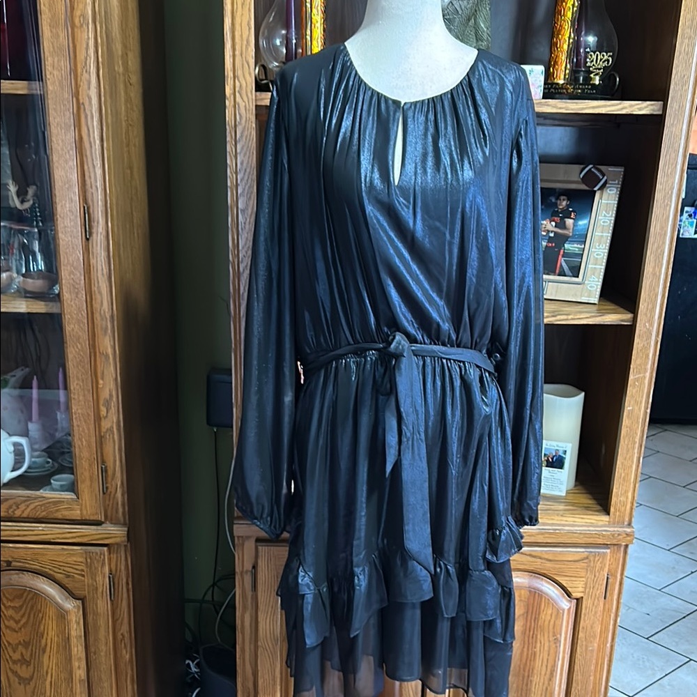 Simply Vera Vera Wang Metallic Black Ruffled Tiered Long Sleeve Dress XXL